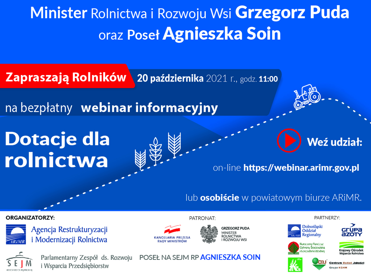 Plakat Webinarium Dotacje dla rolnictwa 20.10.2021